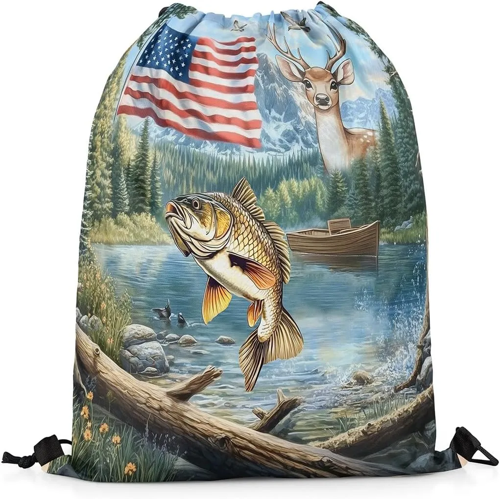 Castle Fairy Fishing Hunt Drawstring Backpack,Elk Deer Wild Animal Drawstring Bag,Natural Woodland Landscape Adjustable Draw String Bag,Lightweight