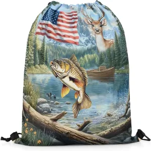 Castle Fairy Fishing Hunt Drawstring Backpack,Elk Deer Wild Animal Drawstring Bag,Natural Woodland Landscape Adjustable Draw String Bag,Lightweight