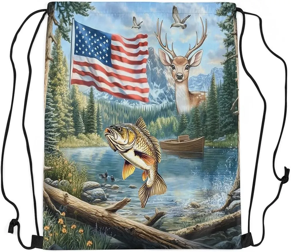 Castle Fairy Fishing Hunt Drawstring Backpack,Elk Deer Wild Animal Drawstring Bag,Natural Woodland Landscape Adjustable Draw String Bag,Lightweight