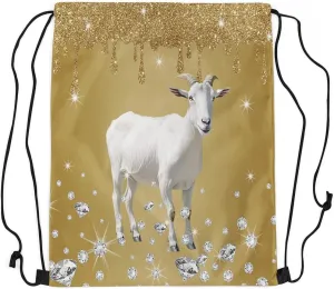 Castle Fairy Goat Animal Drawstring Backpack 13"X16" Brown Sequin Fluid Art Sackpack for Gym Sports Farmhouse Sheep Rustic Water Resistant String Bag for Women Men