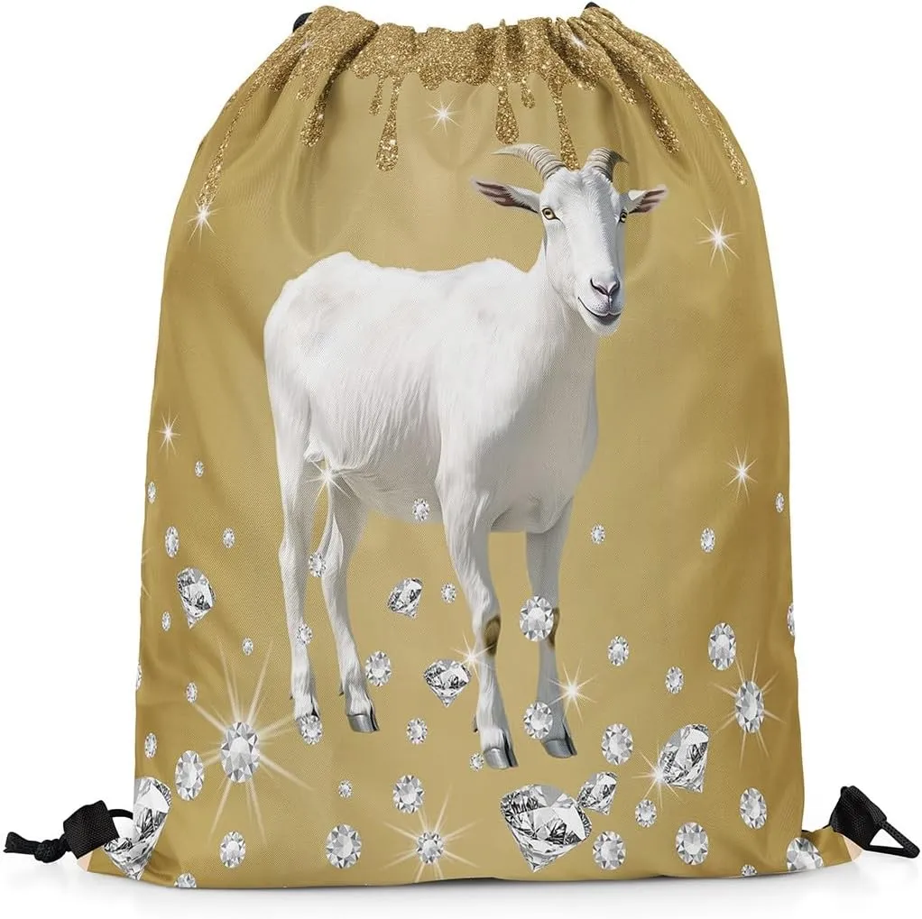 Castle Fairy Goat Animal Drawstring Backpack 13"X16" Brown Sequin Fluid Art Sackpack for Gym Sports Farmhouse Sheep Rustic Water Resistant String Bag for Women Men