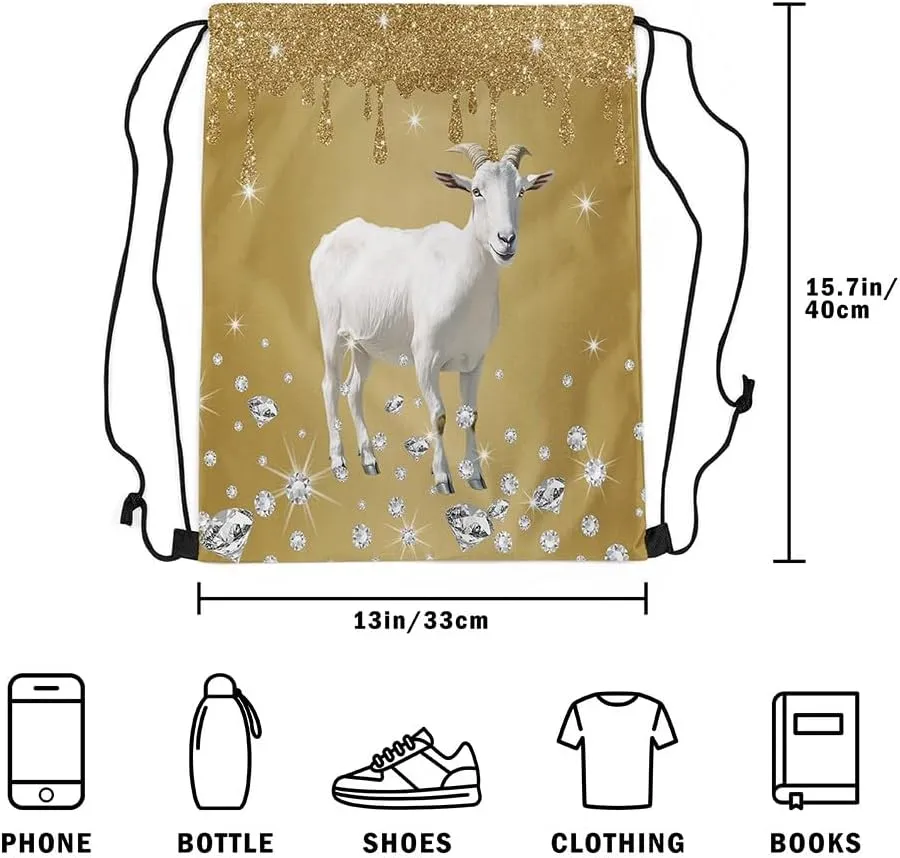 Castle Fairy Goat Animal Drawstring Backpack 13"X16" Brown Sequin Fluid Art Sackpack for Gym Sports Farmhouse Sheep Rustic Water Resistant String Bag for Women Men