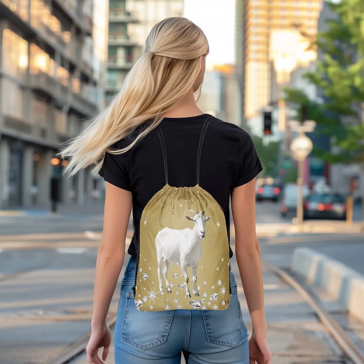 Castle Fairy Goat Animal Drawstring Backpack 13"X16" Brown Sequin Fluid Art Sackpack for Gym Sports Farmhouse Sheep Rustic Water Resistant String Bag for Women Men