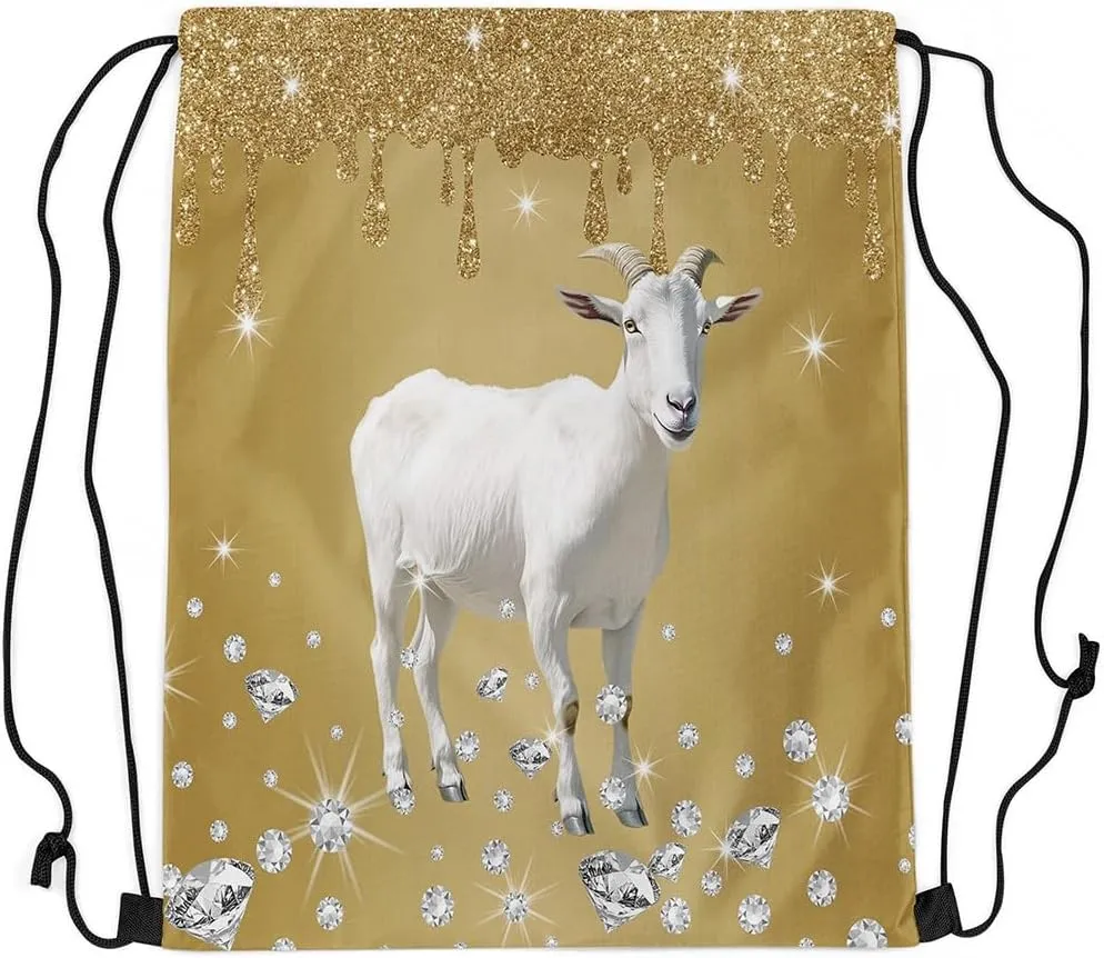 Castle Fairy Goat Animal Drawstring Backpack 13"X16" Brown Sequin Fluid Art Sackpack for Gym Sports Farmhouse Sheep Rustic Water Resistant String Bag for Women Men