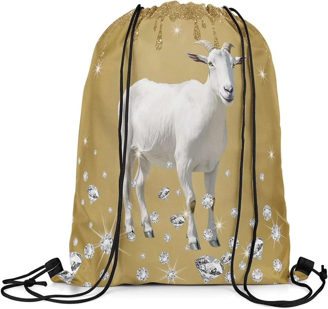Castle Fairy Goat Animal Drawstring Backpack 13"X16" Brown Sequin Fluid Art Sackpack for Gym Sports Farmhouse Sheep Rustic Water Resistant String Bag for Women Men