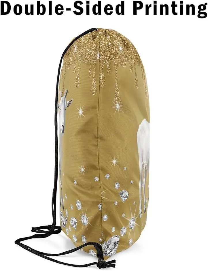 Castle Fairy Goat Animal Drawstring Backpack 13"X16" Brown Sequin Fluid Art Sackpack for Gym Sports Farmhouse Sheep Rustic Water Resistant String Bag for Women Men