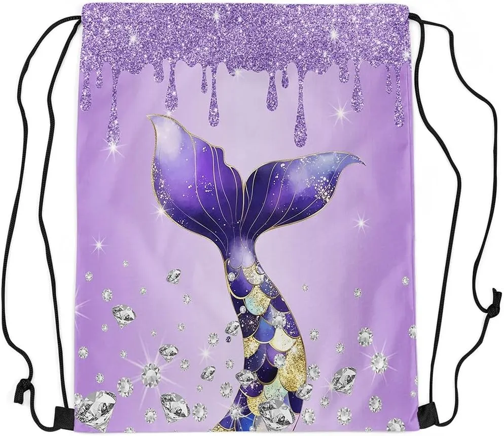 Castle Fairy Mermaid Tail Princess Draw String Bag,Purple Ocean Animal Drawstring Backpack for Gym Sports,Luxury Diamond Glitter Print Large Capacity Sackpack,Waterproof