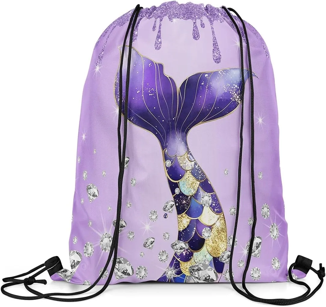 Castle Fairy Mermaid Tail Princess Draw String Bag,Purple Ocean Animal Drawstring Backpack for Gym Sports,Luxury Diamond Glitter Print Large Capacity Sackpack,Waterproof