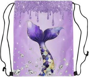 Castle Fairy Mermaid Tail Princess Draw String Bag,Purple Ocean Animal Drawstring Backpack for Gym Sports,Luxury Diamond Glitter Print Large Capacity Sackpack,Waterproof