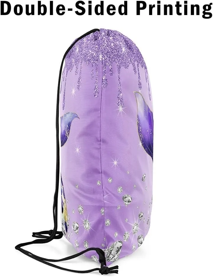 Castle Fairy Mermaid Tail Princess Draw String Bag,Purple Ocean Animal Drawstring Backpack for Gym Sports,Luxury Diamond Glitter Print Large Capacity Sackpack,Waterproof