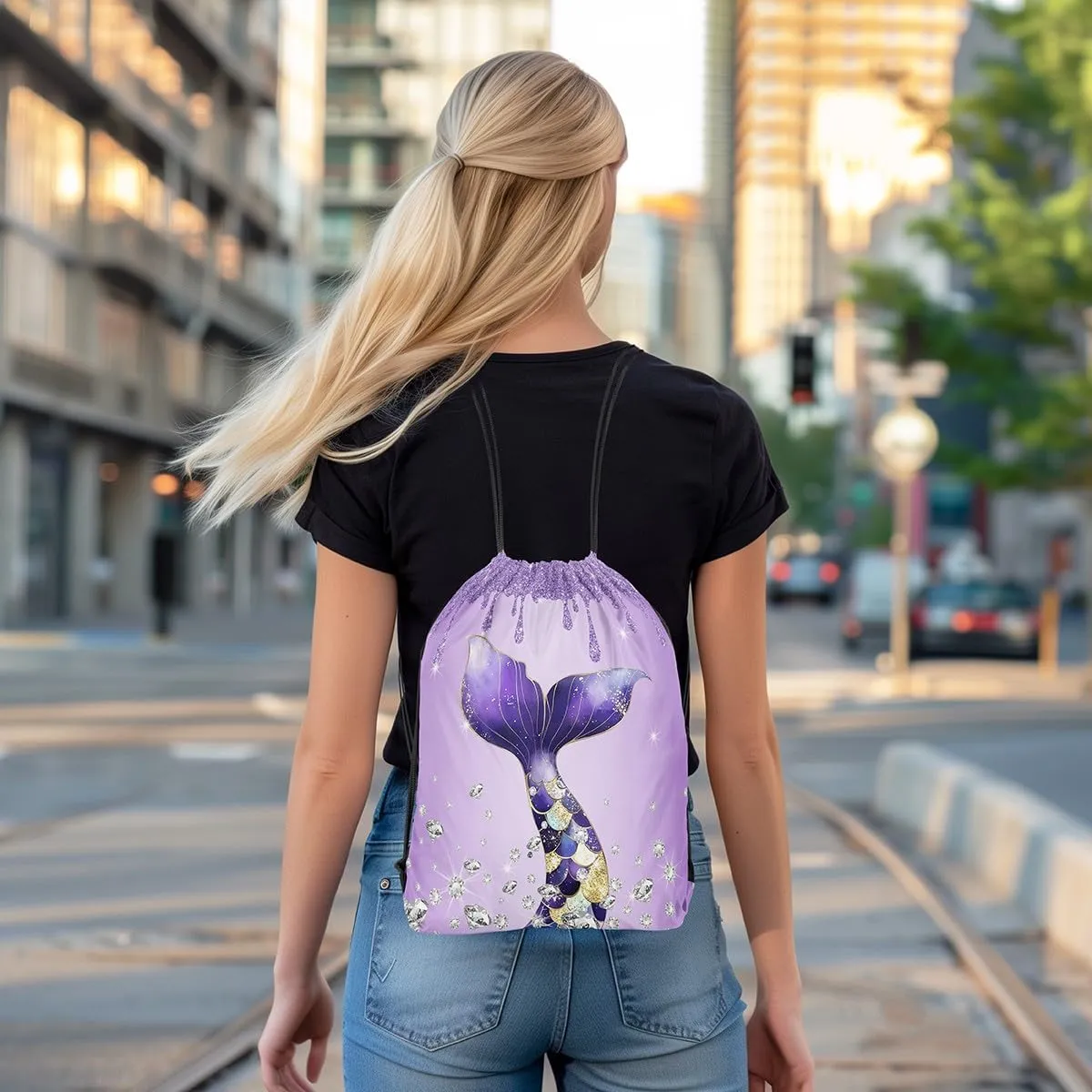 Castle Fairy Mermaid Tail Princess Draw String Bag,Purple Ocean Animal Drawstring Backpack for Gym Sports,Luxury Diamond Glitter Print Large Capacity Sackpack,Waterproof