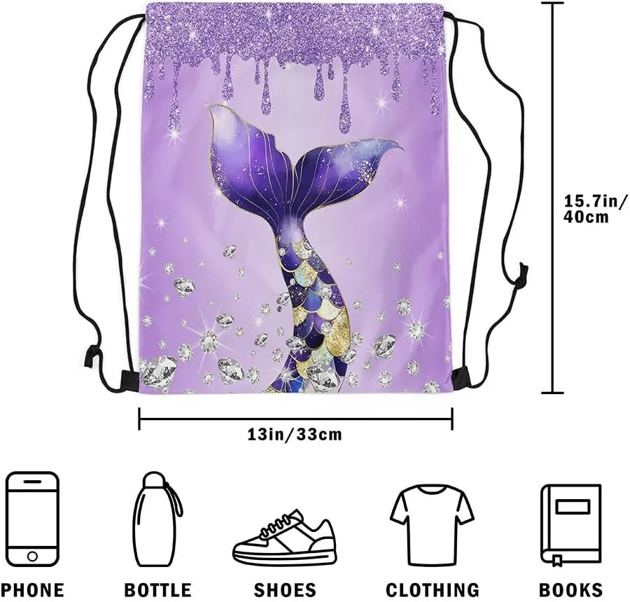 Castle Fairy Mermaid Tail Princess Draw String Bag,Purple Ocean Animal Drawstring Backpack for Gym Sports,Luxury Diamond Glitter Print Large Capacity Sackpack,Waterproof