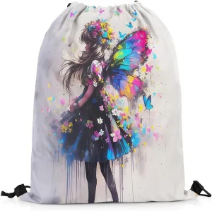 Castle Fairy Spirit Waterproof Drawstring Bag,Dreamy Butterfly Floral Backpack for Shopping Travelling,Colorful Tie Dye Sackpacks Gym Pack