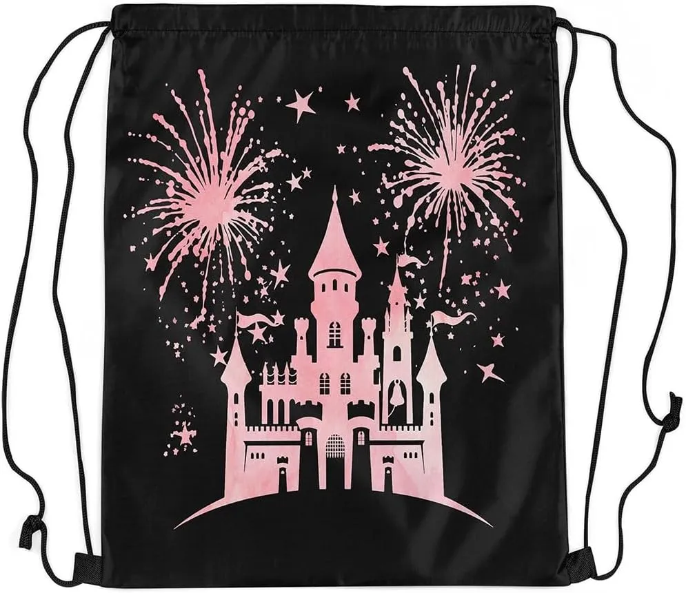 Castle Silhouette Waterproof Drawstring Bag,Princess Fairy Tale Backpack for Shopping Travelling,Star Fireworks Sackpacks Gym Pack