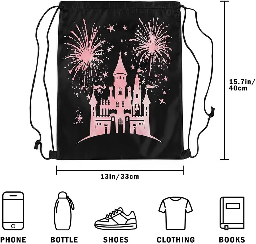 Castle Silhouette Waterproof Drawstring Bag,Princess Fairy Tale Backpack for Shopping Travelling,Star Fireworks Sackpacks Gym Pack