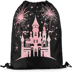 Castle Silhouette Waterproof Drawstring Bag,Princess Fairy Tale Backpack for Shopping Travelling,Star Fireworks Sackpacks Gym Pack