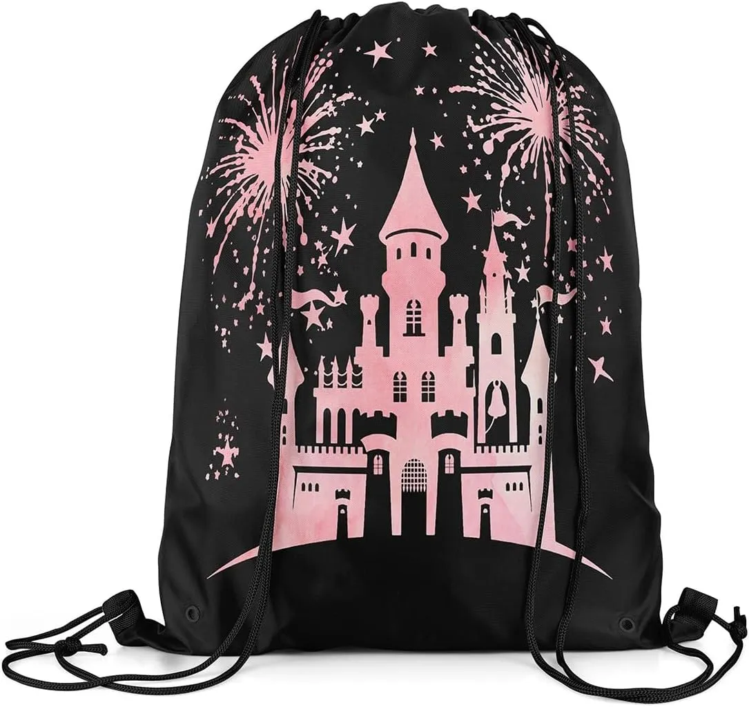 Castle Silhouette Waterproof Drawstring Bag,Princess Fairy Tale Backpack for Shopping Travelling,Star Fireworks Sackpacks Gym Pack