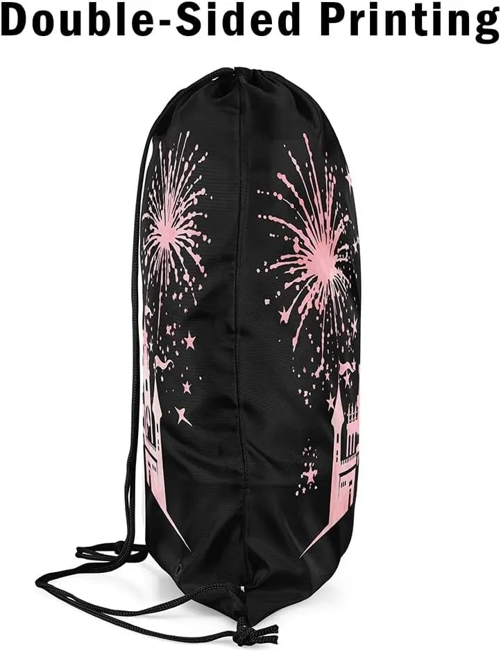 Castle Silhouette Waterproof Drawstring Bag,Princess Fairy Tale Backpack for Shopping Travelling,Star Fireworks Sackpacks Gym Pack
