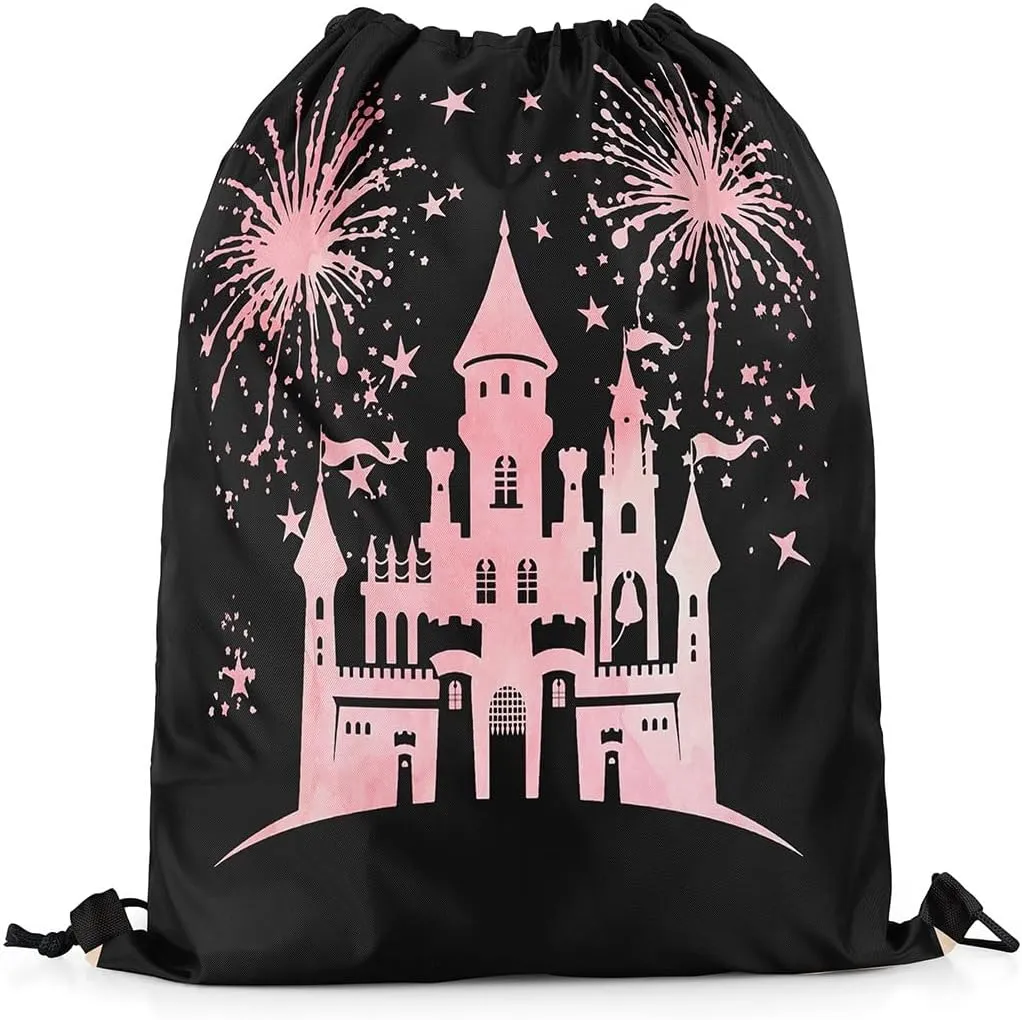 Castle Silhouette Waterproof Drawstring Bag,Princess Fairy Tale Backpack for Shopping Travelling,Star Fireworks Sackpacks Gym Pack