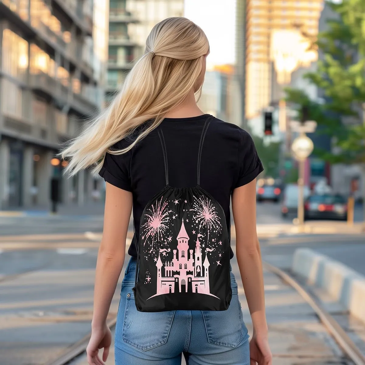 Castle Silhouette Waterproof Drawstring Bag,Princess Fairy Tale Backpack for Shopping Travelling,Star Fireworks Sackpacks Gym Pack