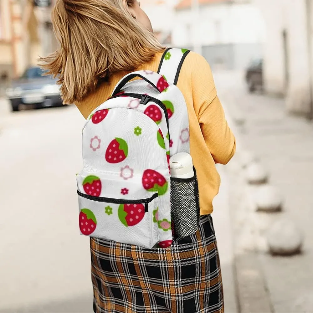 Casual Daypacks Backpacks Laptop Backpack Handdraw Strawberry Colorful Flowers Work Bussiness School Students Bookbag Travel Hiking Gym Bags Waterproof Lightweight Women Men