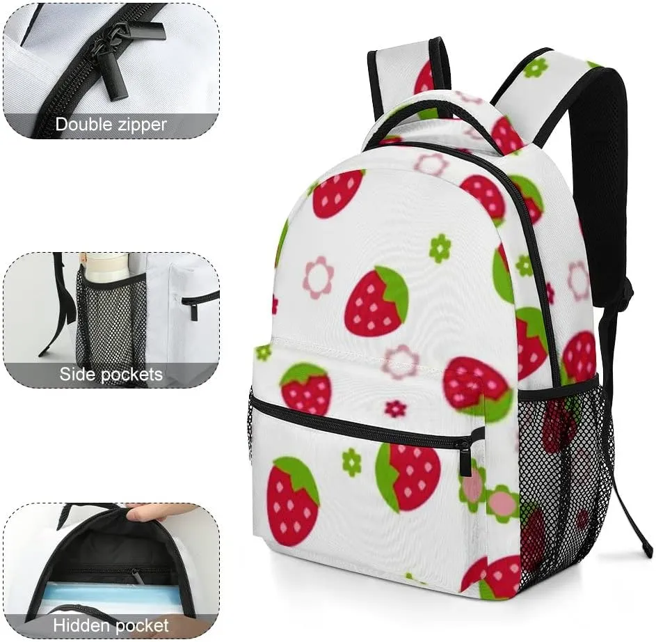 Casual Daypacks Backpacks Laptop Backpack Handdraw Strawberry Colorful Flowers Work Bussiness School Students Bookbag Travel Hiking Gym Bags Waterproof Lightweight Women Men