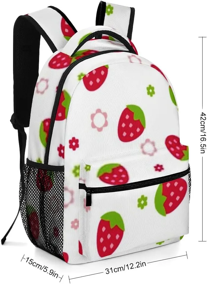 Casual Daypacks Backpacks Laptop Backpack Handdraw Strawberry Colorful Flowers Work Bussiness School Students Bookbag Travel Hiking Gym Bags Waterproof Lightweight Women Men