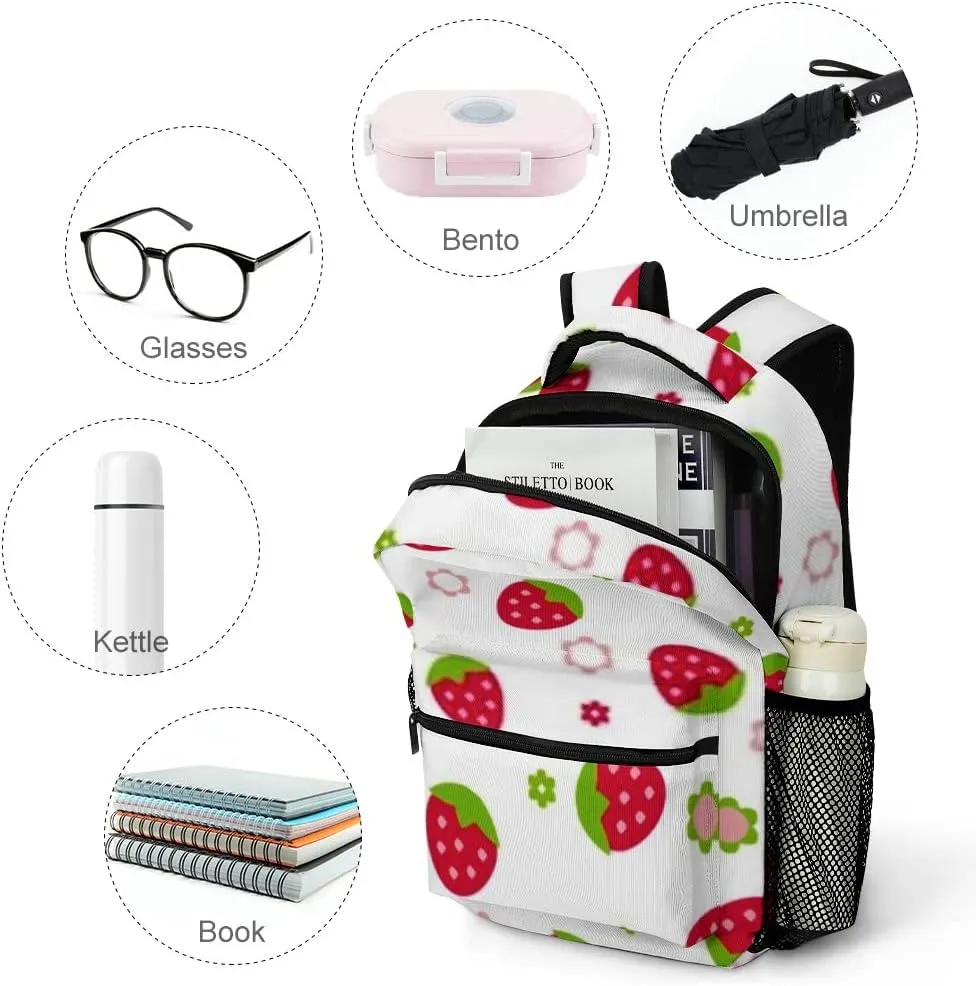 Casual Daypacks Backpacks Laptop Backpack Handdraw Strawberry Colorful Flowers Work Bussiness School Students Bookbag Travel Hiking Gym Bags Waterproof Lightweight Women Men