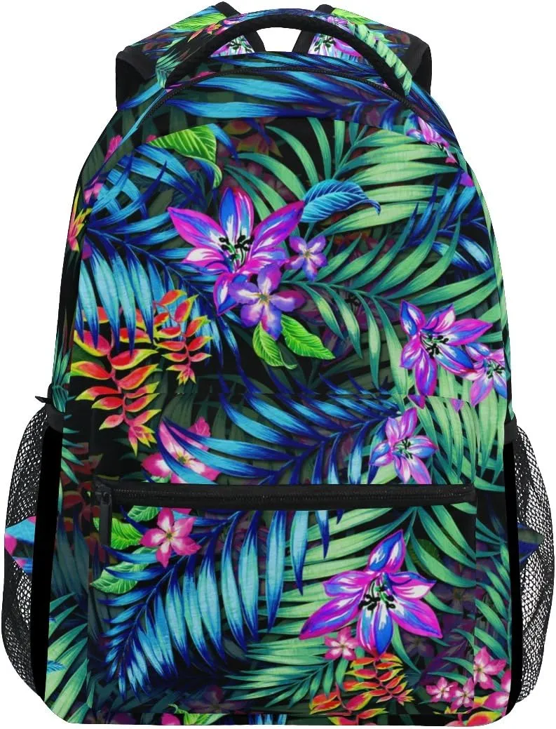 Casual School Backpack Floral Tropical Exotic Flowers And Foliage Lightweight Travel Daypack College Shoulder Bag for Women Girls Teenage