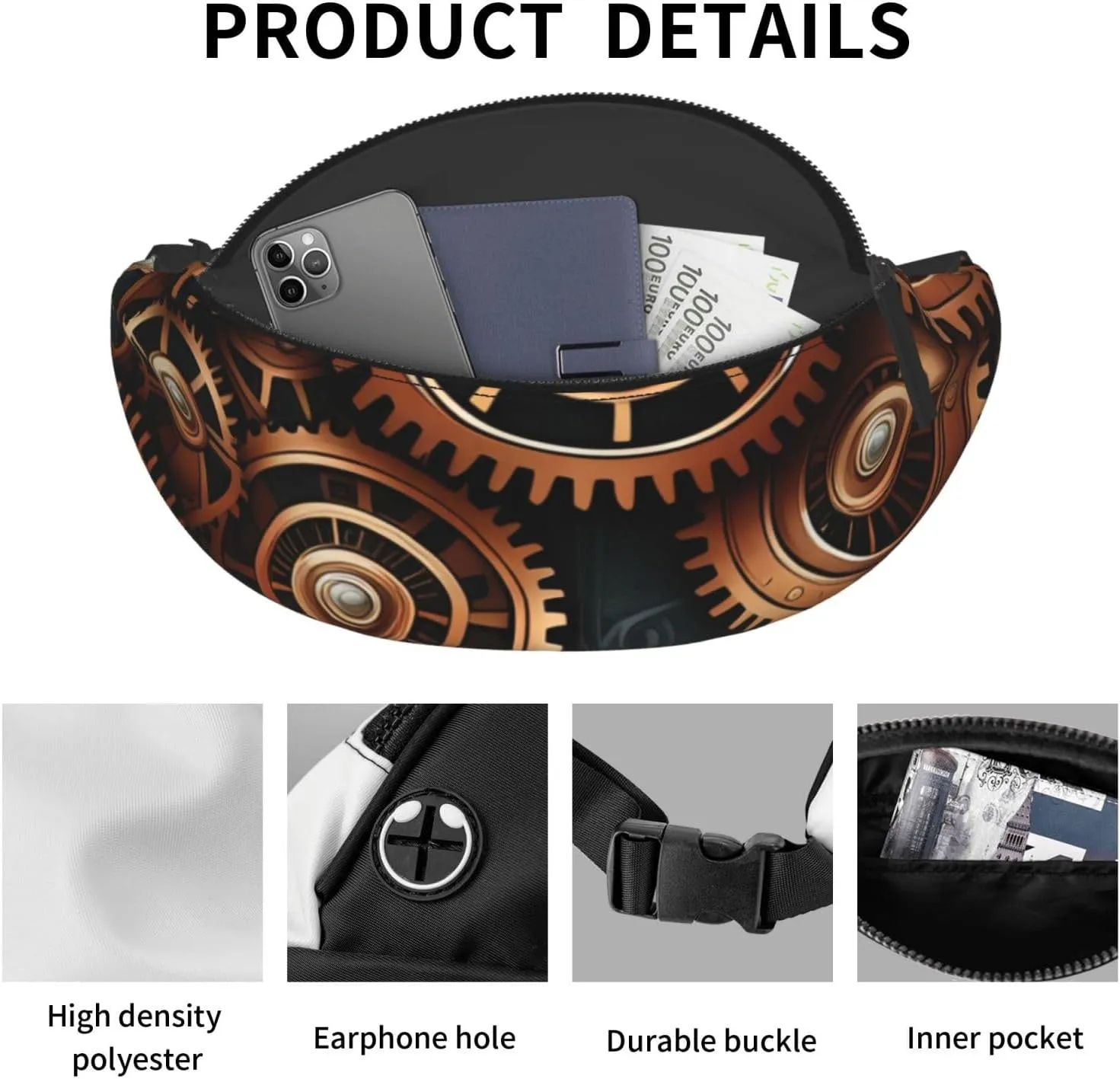Casual Steampunk Mechanical Gears Printed Fanny Pack,Crossbody Fanny packs for women Men Waist Bag for Running Travel