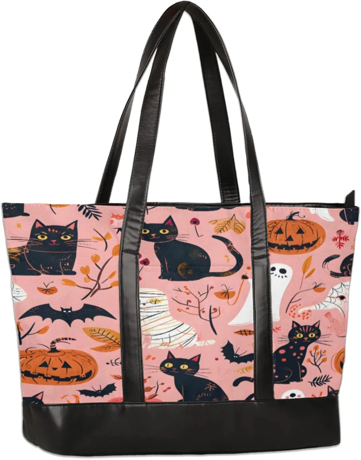 Cat Pumpkin Bats Laptop Tote Bag for Women Lightweight Work Purse with Multiple Compartments Fits 13-15.6 Inch Laptop Tablet Shoulder Bag for Office Travel Daily Use