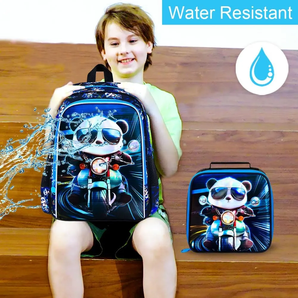CCJPX 3PCS Backpack for Boys, 16 Inch Kids Panda Water Resistant Preschool Backpacks, Cool Elementary Kindergarten School Bookbag Set for Teen Travel
