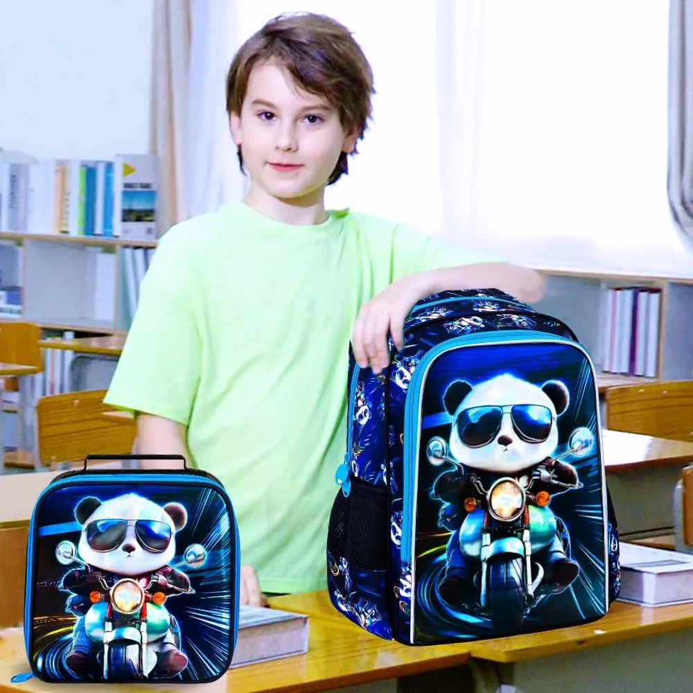 CCJPX 3PCS Backpack for Boys, 16 Inch Kids Panda Water Resistant Preschool Backpacks, Cool Elementary Kindergarten School Bookbag Set for Teen Travel