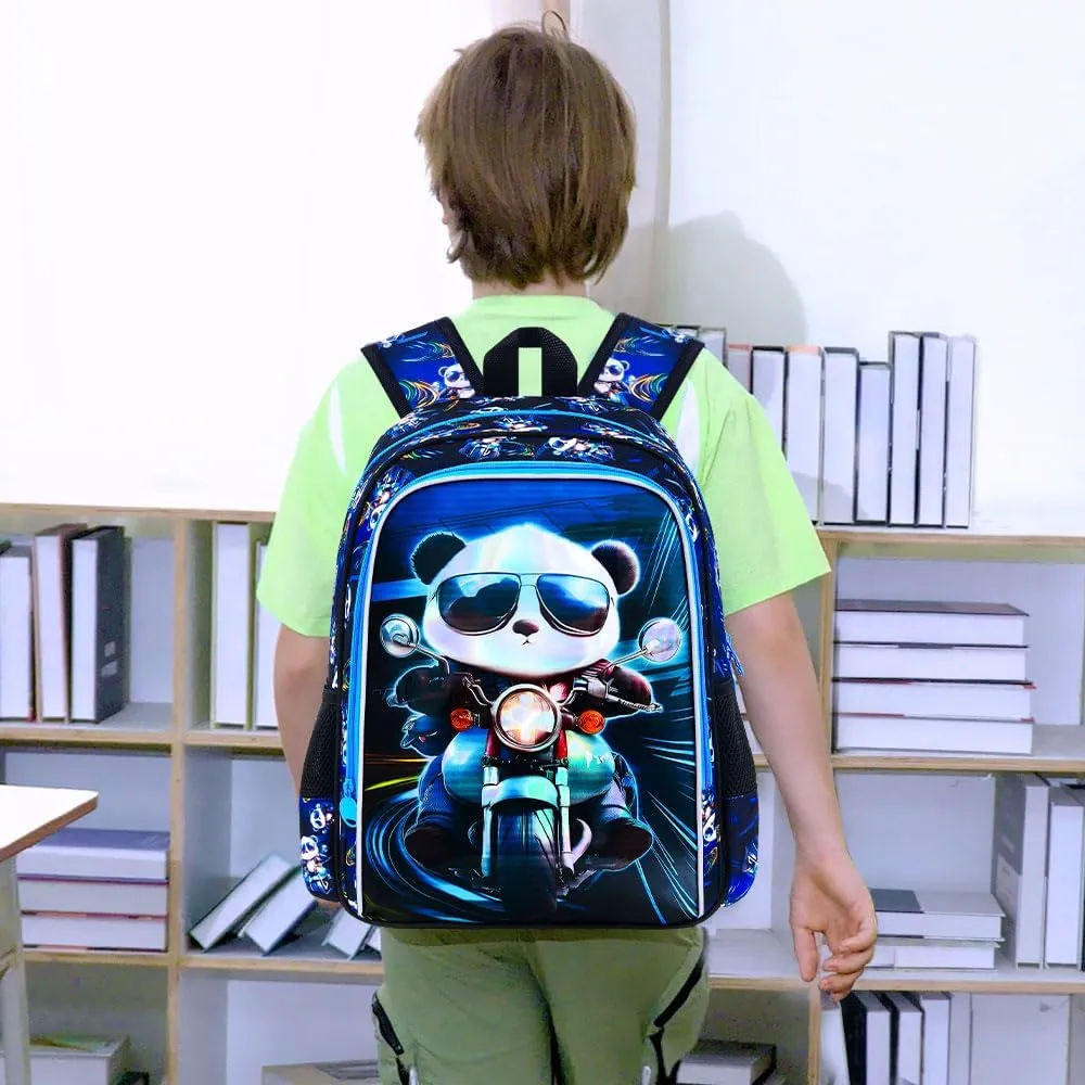 CCJPX 3PCS Backpack for Boys, 16 Inch Kids Panda Water Resistant Preschool Backpacks, Cool Elementary Kindergarten School Bookbag Set for Teen Travel