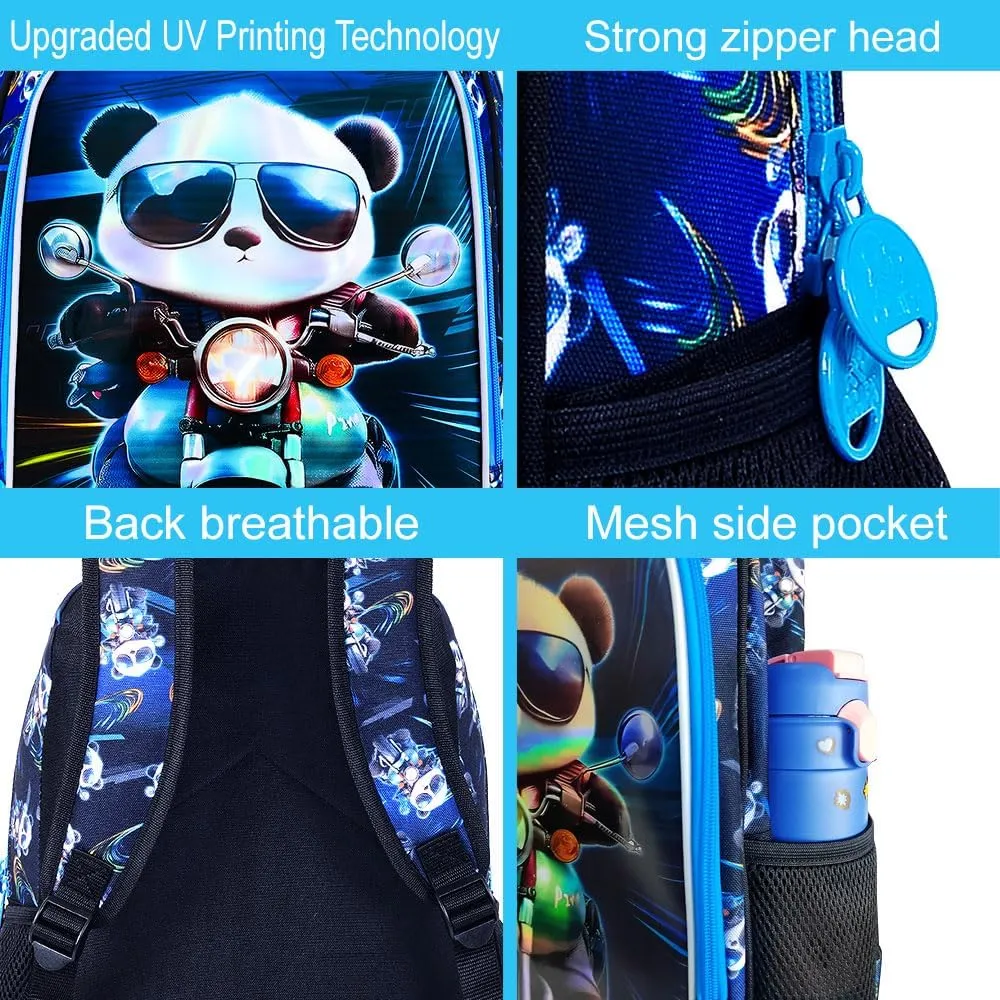 CCJPX 3PCS Backpack for Boys, 16 Inch Kids Panda Water Resistant Preschool Backpacks, Cool Elementary Kindergarten School Bookbag Set for Teen Travel