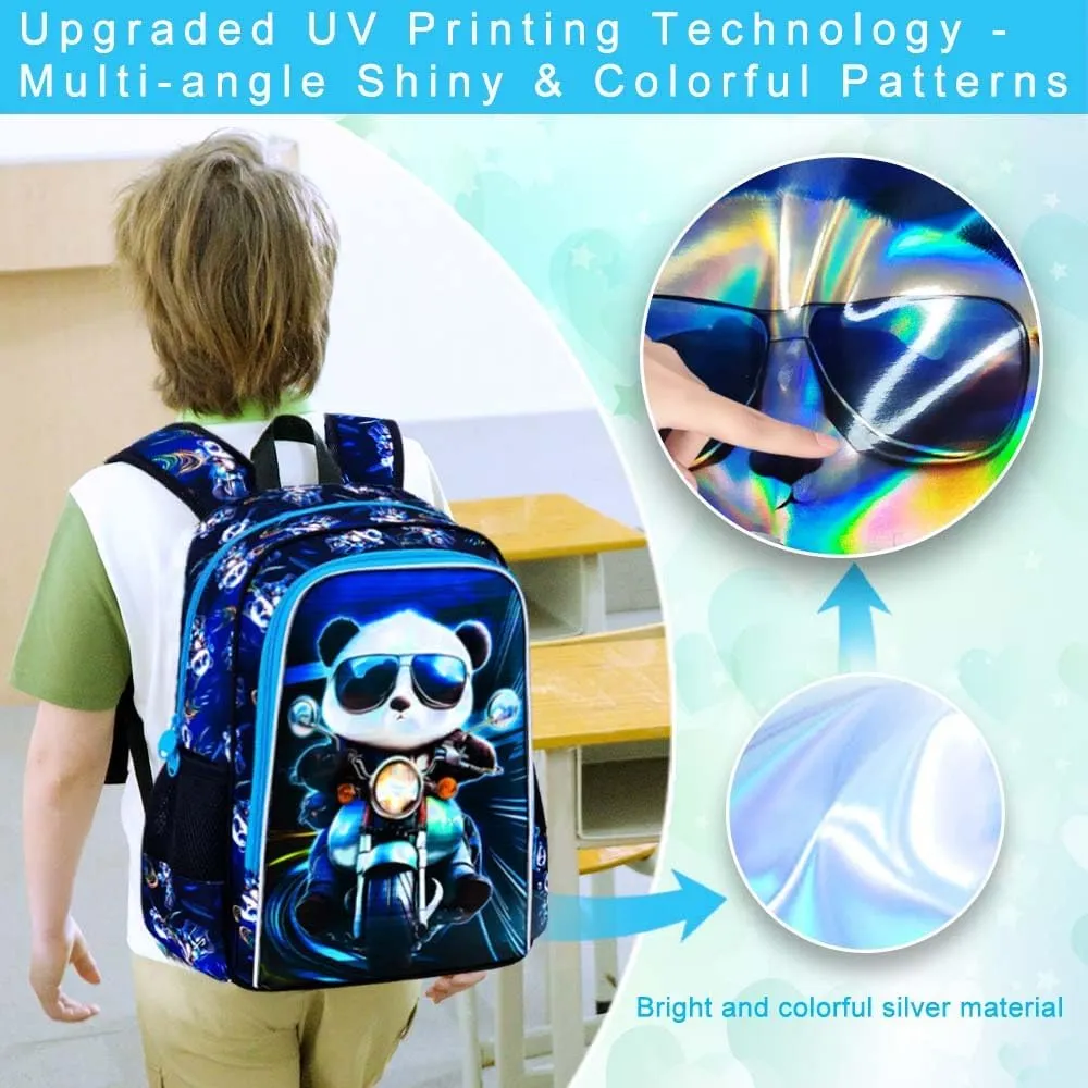 CCJPX 3PCS Backpack for Boys, 16 Inch Kids Panda Water Resistant Preschool Backpacks, Cool Elementary Kindergarten School Bookbag Set for Teen Travel
