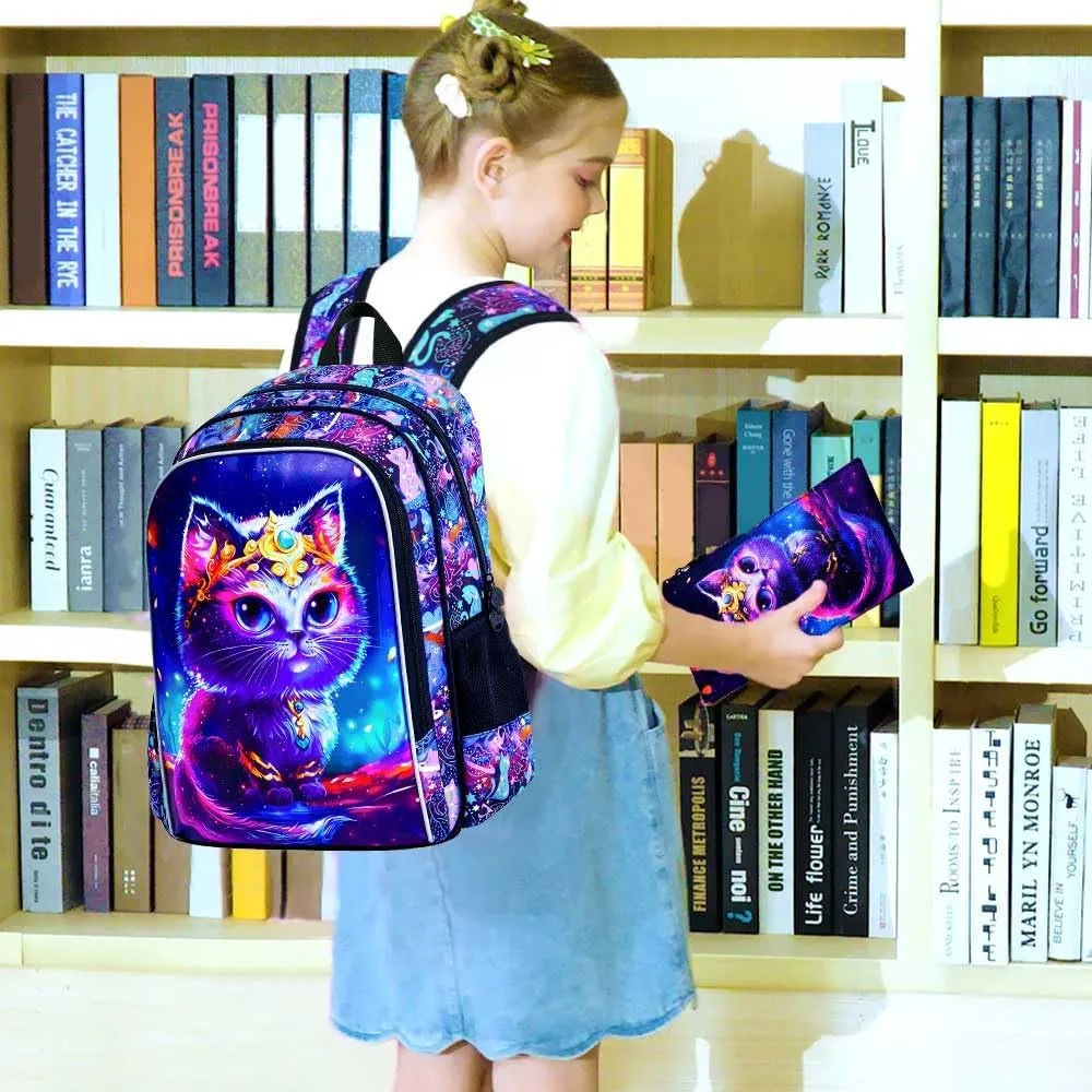 CCJPX 3PCS Cat Backpack for Girls, 16" Kids Preschool School Bookbag with Lunch Box for Toddler Elementary Kindergarten