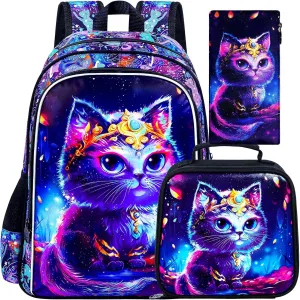 CCJPX 3PCS Cat Backpack for Girls, 16" Kids Preschool School Bookbag with Lunch Box for Toddler Elementary Kindergarten