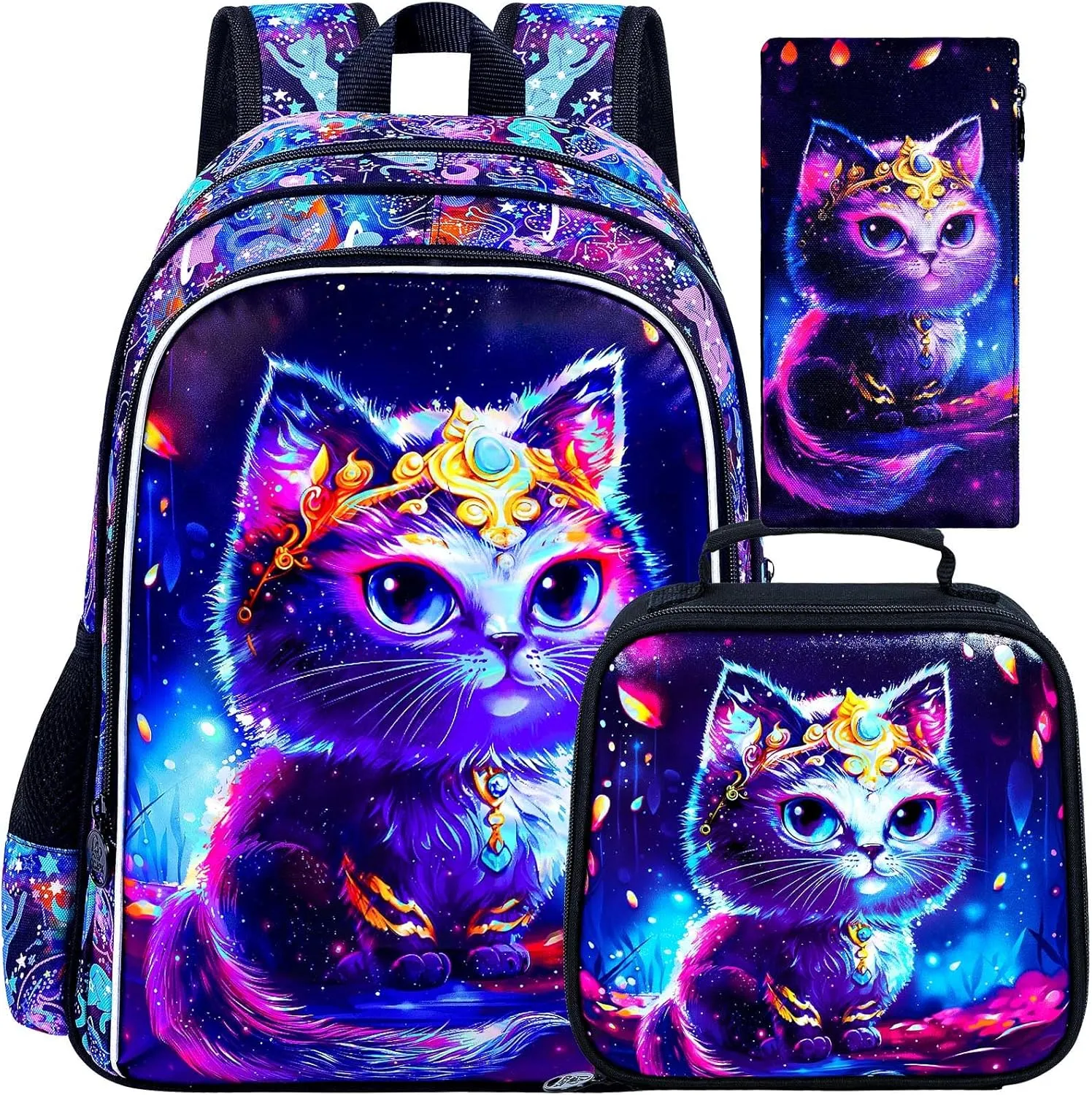 CCJPX 3PCS Cat Backpack for Girls, 16" Kids Preschool School Bookbag with Lunch Box for Toddler Elementary Kindergarten