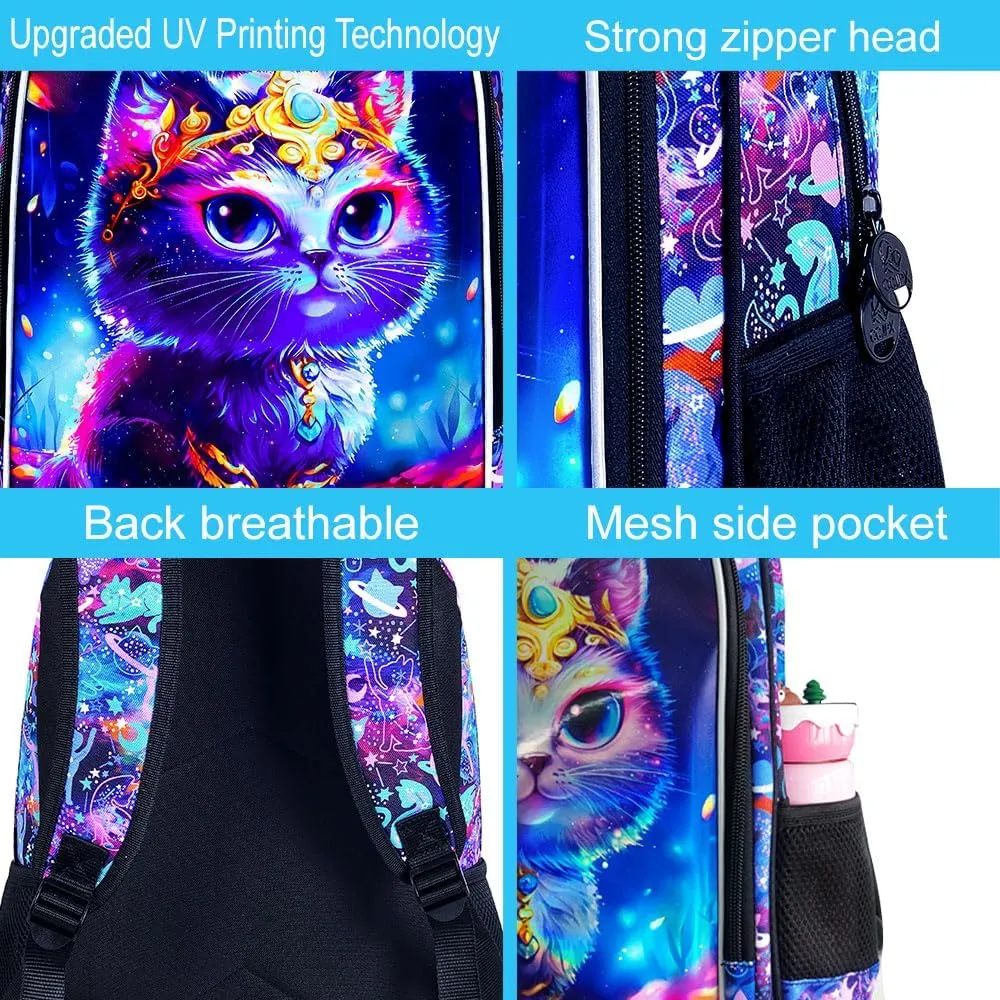 CCJPX 3PCS Cat Backpack for Girls, 16" Kids Preschool School Bookbag with Lunch Box for Toddler Elementary Kindergarten