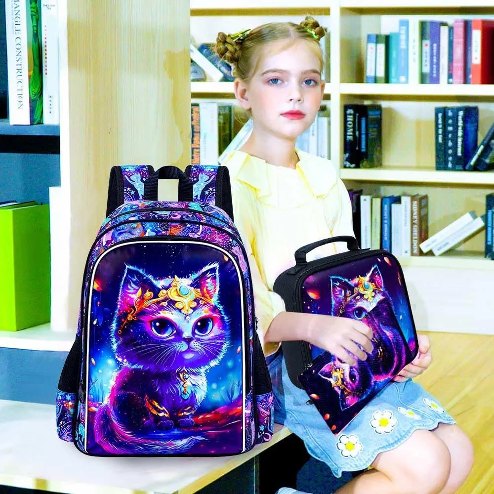 CCJPX 3PCS Cat Backpack for Girls, 16" Kids Preschool School Bookbag with Lunch Box for Toddler Elementary Kindergarten