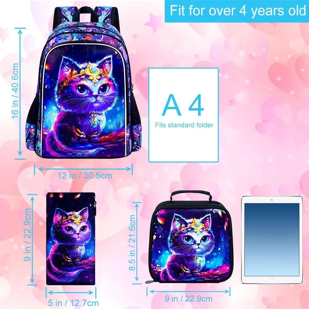 CCJPX 3PCS Cat Backpack for Girls, 16" Kids Preschool School Bookbag with Lunch Box for Toddler Elementary Kindergarten
