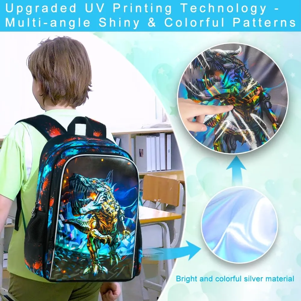 CCJPX 3PCS Kids Backpack for Boys, 16 Inch Dinosaur Water Resistant Preschool Backpacks, Elementary Kindergarten School Bookbag with Lunch Box for Toddler Travel