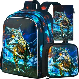 CCJPX 3PCS Kids Backpack for Boys, 16 Inch Dinosaur Water Resistant Preschool Backpacks, Elementary Kindergarten School Bookbag with Lunch Box for Toddler Travel