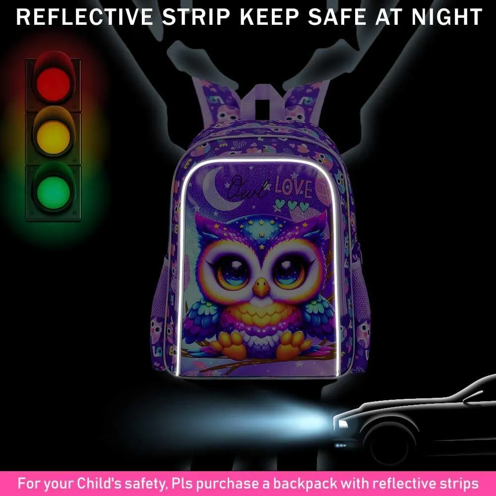 CCJPX 3PCS Kids Backpack for Girls, 16”Owl Bookbag with Lunch Box, Cute Water Resistant Elementary School Bag for Kindergarten Preschool Toddler