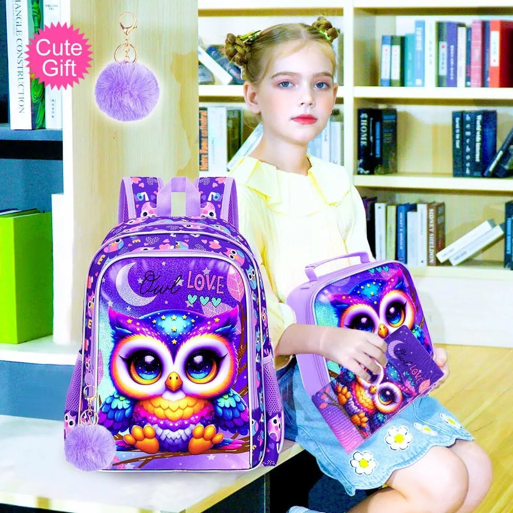 CCJPX 3PCS Kids Backpack for Girls, 16”Owl Bookbag with Lunch Box, Cute Water Resistant Elementary School Bag for Kindergarten Preschool Toddler
