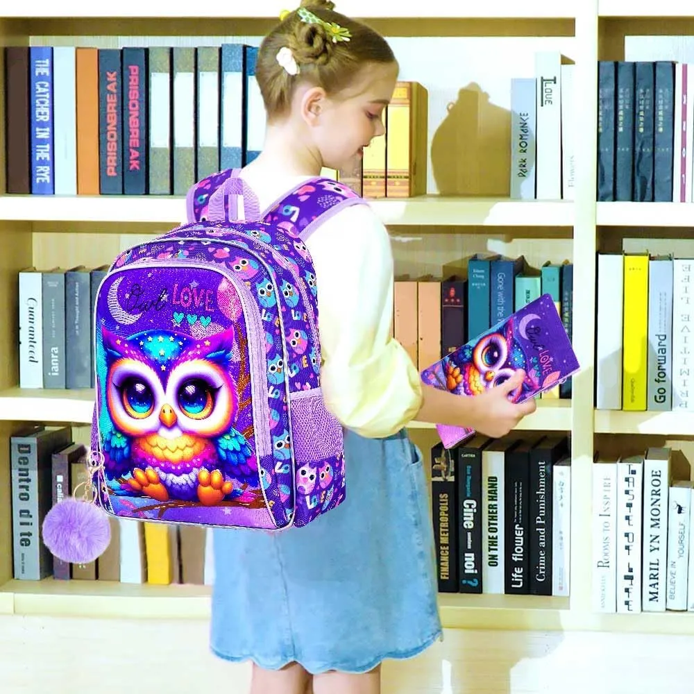 CCJPX 3PCS Kids Backpack for Girls, 16”Owl Bookbag with Lunch Box, Cute Water Resistant Elementary School Bag for Kindergarten Preschool Toddler