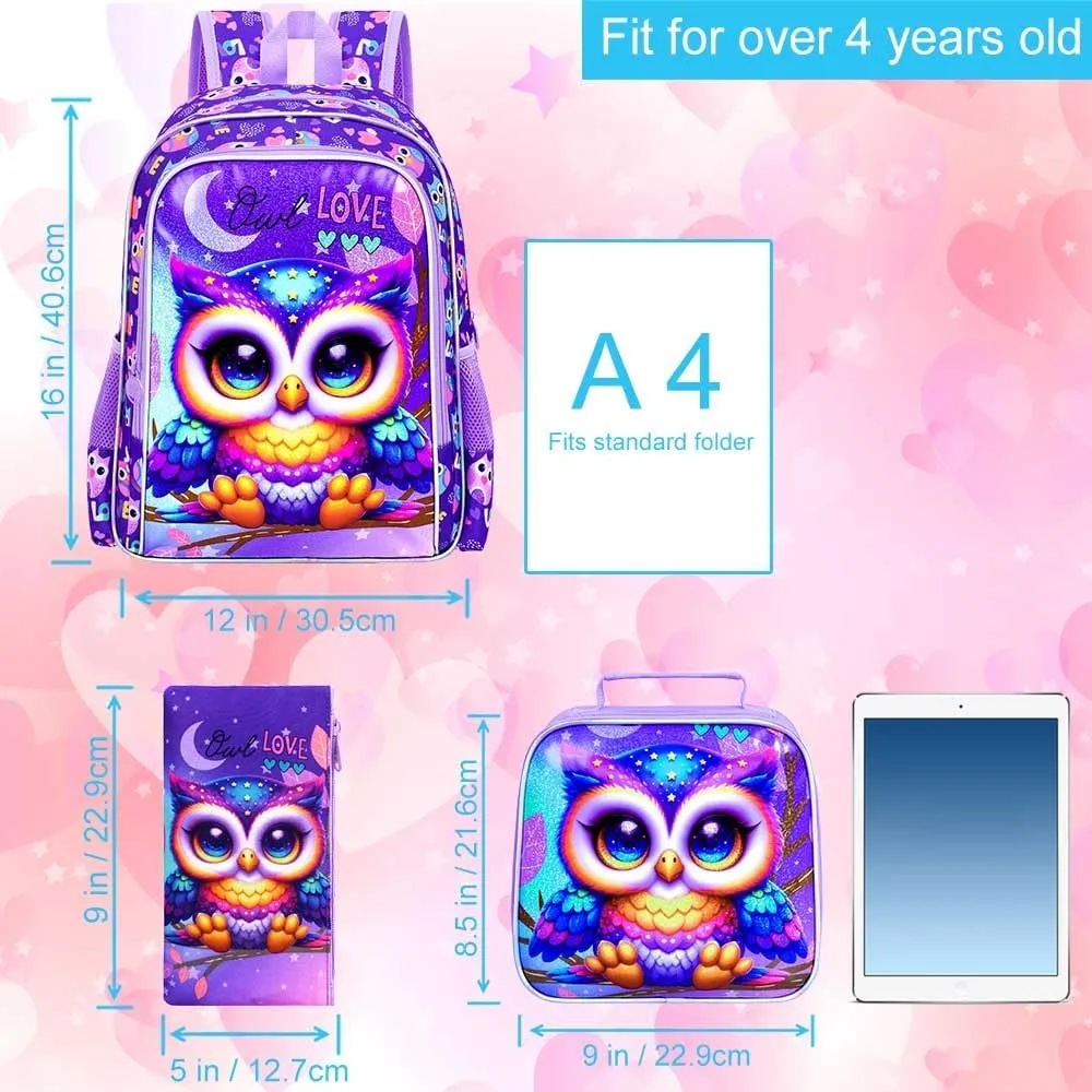 CCJPX 3PCS Kids Backpack for Girls, 16”Owl Bookbag with Lunch Box, Cute Water Resistant Elementary School Bag for Kindergarten Preschool Toddler