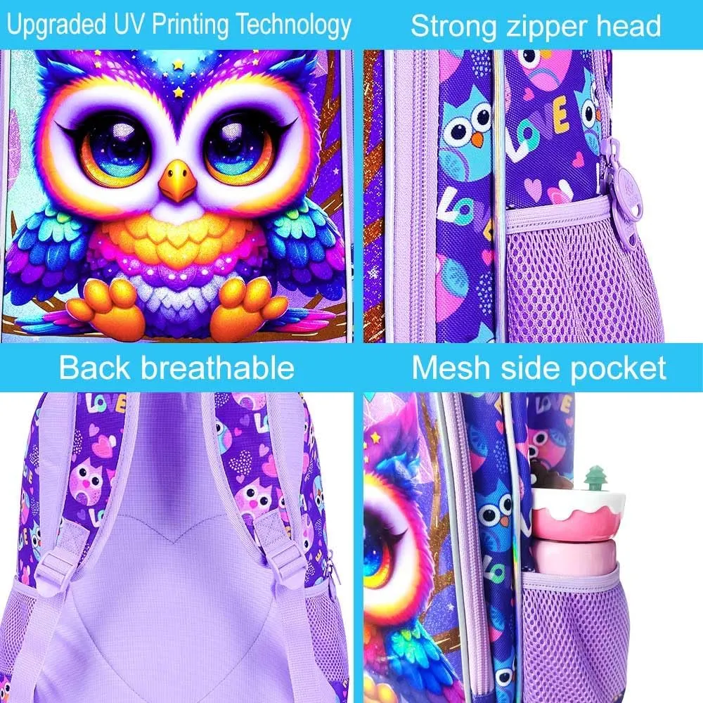 CCJPX 3PCS Kids Backpack for Girls, 16”Owl Bookbag with Lunch Box, Cute Water Resistant Elementary School Bag for Kindergarten Preschool Toddler
