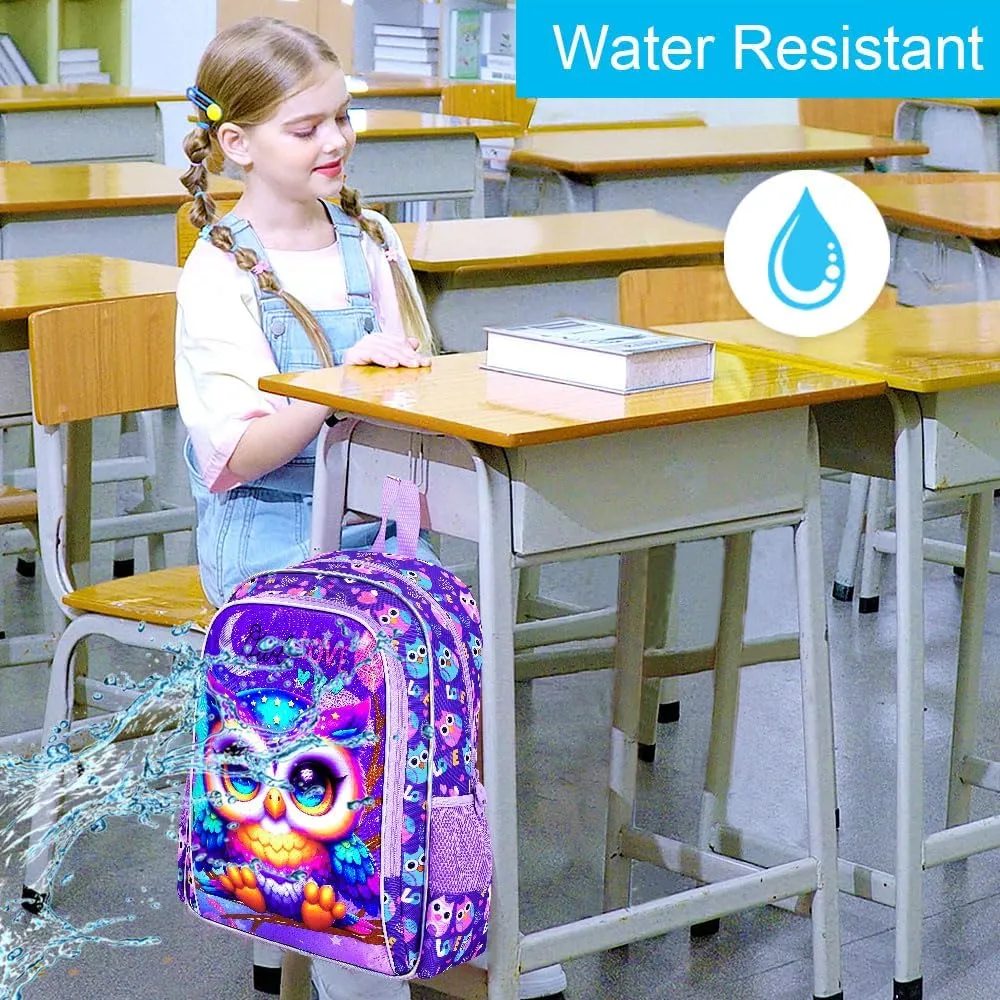 CCJPX 3PCS Kids Backpack for Girls, 16”Owl Bookbag with Lunch Box, Cute Water Resistant Elementary School Bag for Kindergarten Preschool Toddler